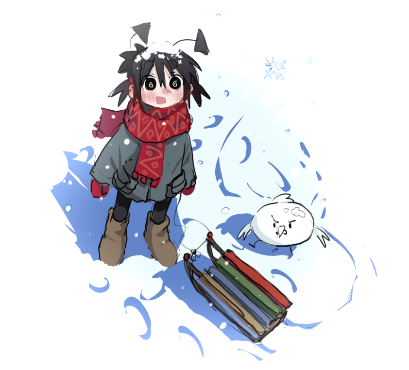 1girl @_@ animal antennae bird black_eyes black_hair black_thighhighs boots brown_footwear coat fang gloves grey_coat ime-chan_(ime44) jean_bomjan looking_up open_mouth original red_gloves red_scarf scarf short_twintails sled smile snow snow_on_head snowflakes thigh-highs twintails white_background winter winter_clothes winter_gloves