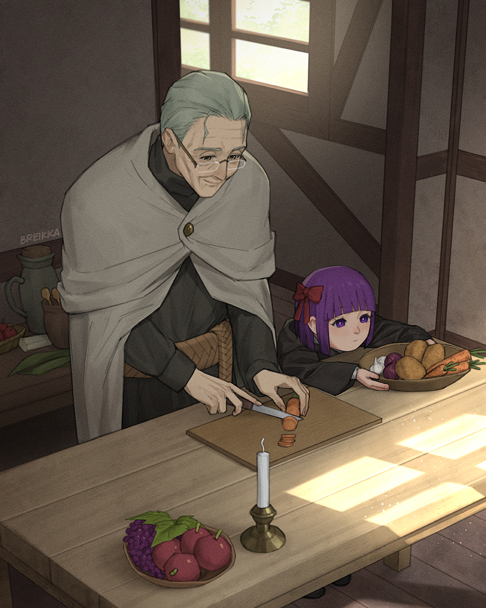 1boy 1girl apple artist_name black_coat blunt_bangs bow breikka candle candlestand carrot closed_mouth coat commentary cutting cutting_board day english_commentary fern_(sousou_no_frieren) food fruit garlic glasses grapes grey_cloak grey_hair hair_bow height_difference heiter highres holding holding_knife indoors kitchen_knife knife long_sleeves old old_man onion potato purple_hair purple_pupils red_bow rimless_eyewear short_hair smile sousou_no_frieren standing sunlight table violet_eyes window window_shade wooden_floor wrinkled_skin