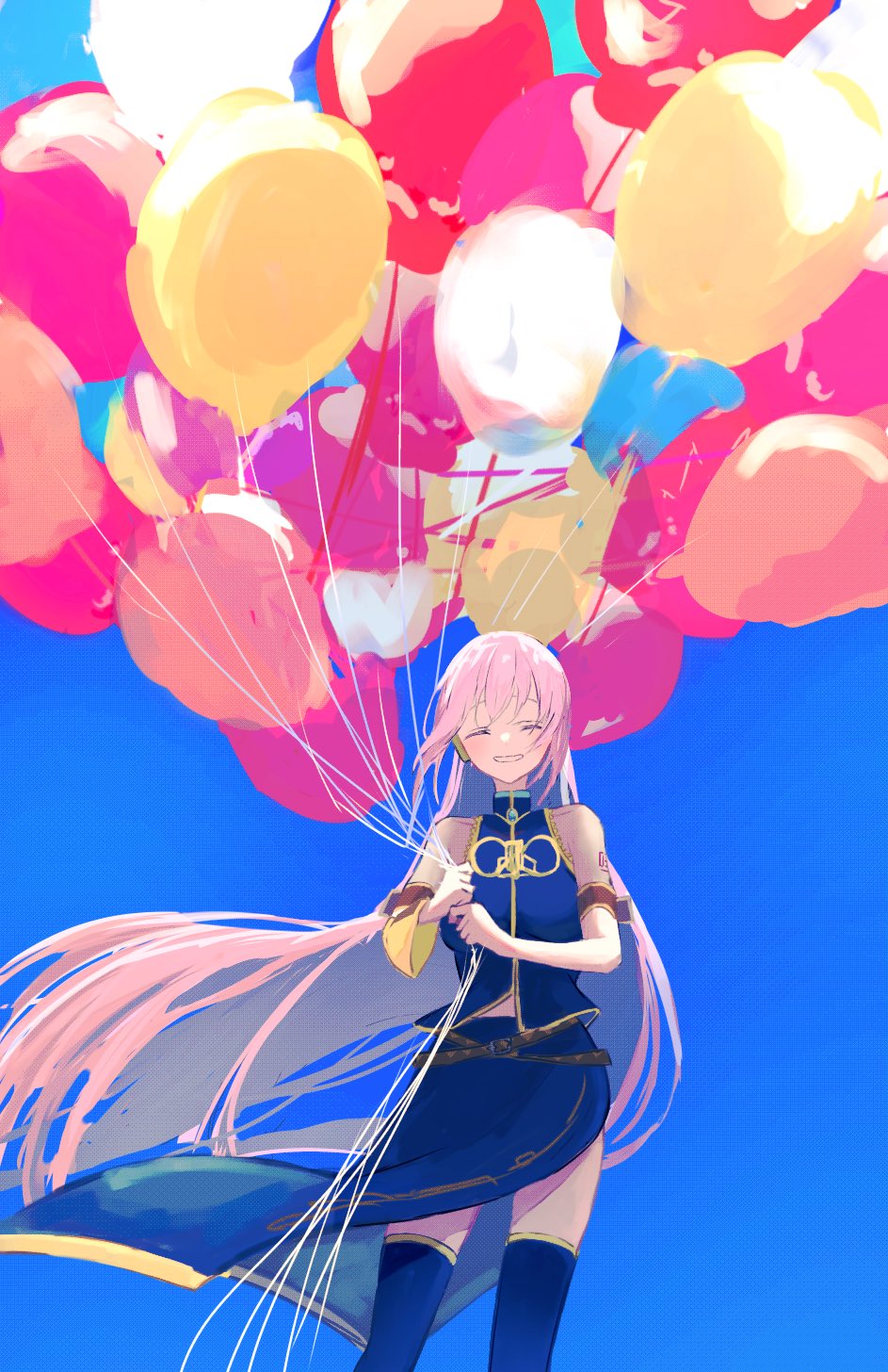 1girl ^_^ balloon black_thighhighs blue_sky closed_eyes detached_sleeves emon_(maguro03_ice) hands_up headset highres holding holding_balloon long_hair long_skirt megurine_luka outdoors pink_hair side_slit simple_background single_detached_sleeve skirt sky smile solo thigh-highs too_many_balloons vocaloid