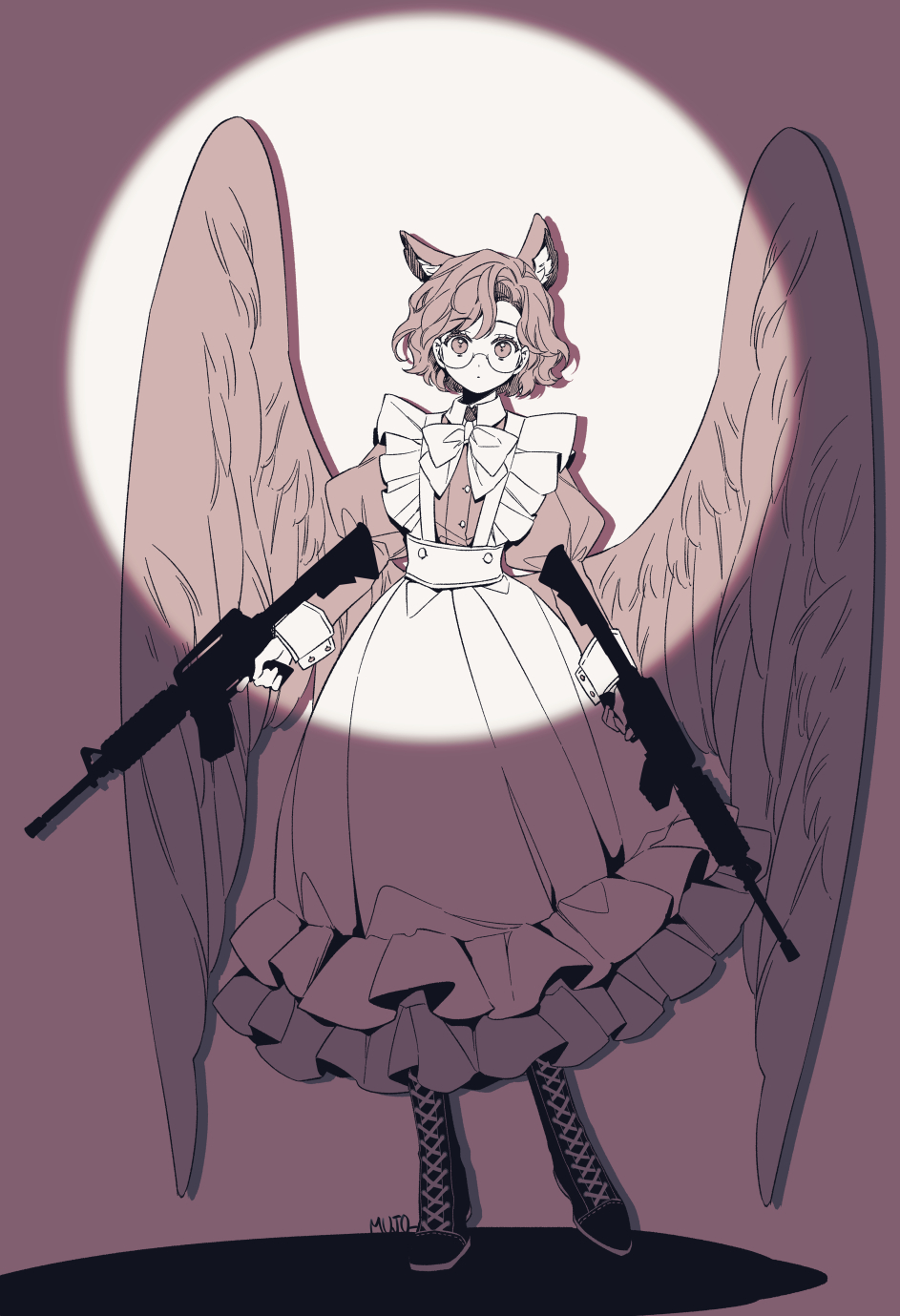 1girl animal_ear_fluff animal_ears apron boots bow bowtie cat_ears cross-laced_footwear dual_wielding feathered_wings full_body glasses gun highres holding holding_gun holding_weapon juliet_sleeves korean_commentary lace-up_boots long_sleeves looking_at_viewer low_wings maid maid_apron muj0 original puffy_sleeves rifle short_hair solo spotlight standing trigger_discipline wavy_hair weapon wings