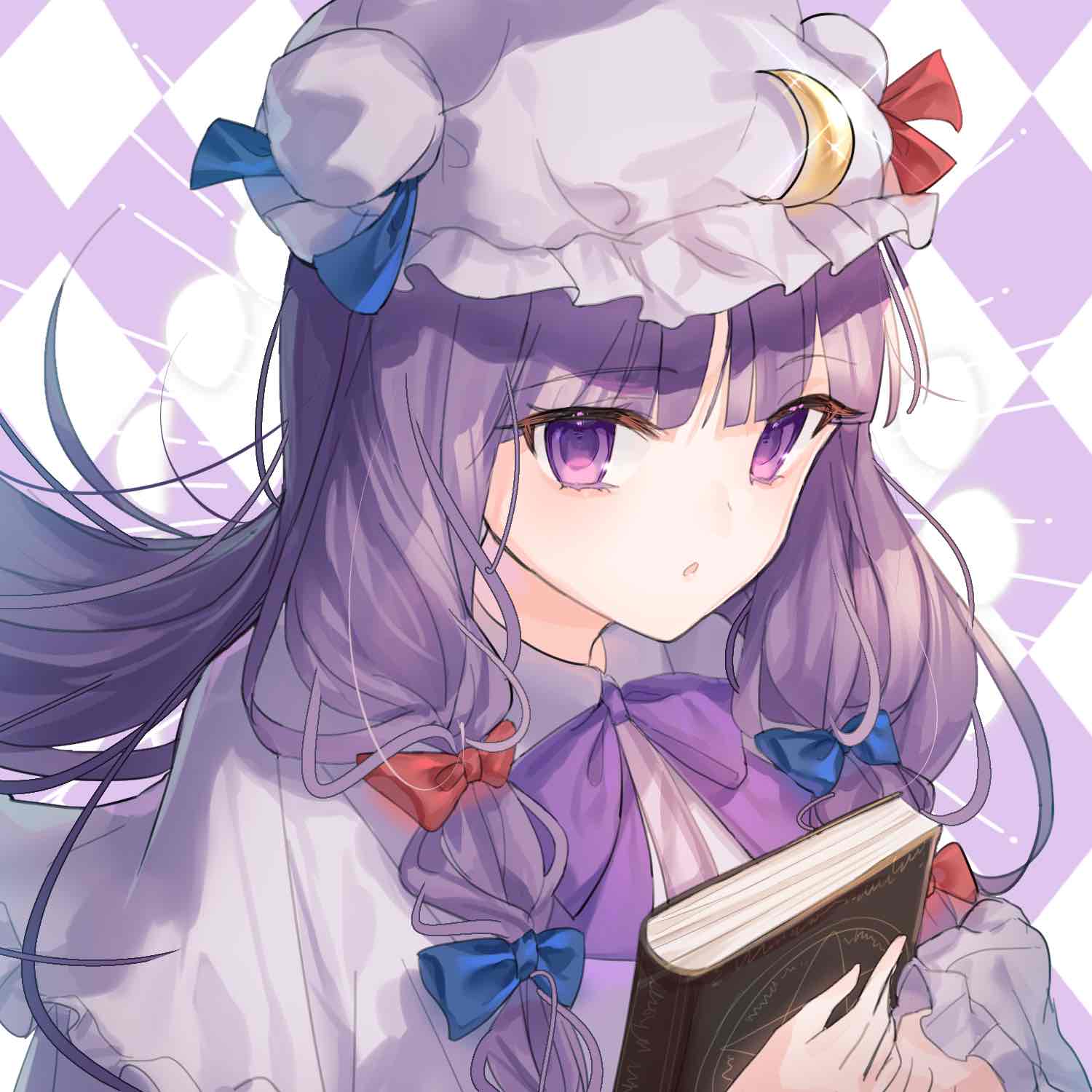 1girl anllouser argyle argyle_background blue_bow book bow bowtie crescent crescent_hat_ornament hair_bow hat hat_ornament highres holding holding_book long_hair looking_at_viewer mob_cap multiple_hair_bows open_mouth patchouli_knowledge purple_bow purple_bowtie purple_hair red_bow touhou violet_eyes
