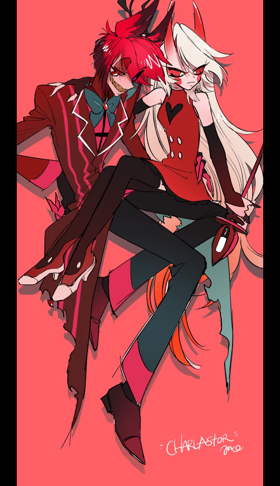 1boy 1girl alastor_(hazbin_hotel) arm_around_waist black_thighhighs blonde_hair cane charlie_morningstar colored_sclera commentary_request demon_girl demon_horns english_text formal frown glaring grin hand_on_another's_shoulder hazbin_hotel highres holding holding_cane horns k38-km long_hair official_alternate_costume red_background red_eyes red_sclera redhead sharp_teeth short_hair sitting sitting_on_lap sitting_on_person smile suit teeth thigh-highs