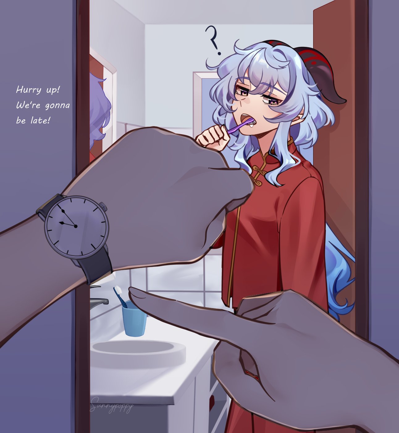 1girl 1other ? blue_hair commentary_request cup faucet ganyu_(genshin_impact) genshin_impact highres holding holding_toothbrush horns long_hair long_sleeves looking_at_viewer mirror open_mouth pointing pov red_shirt shirt sink solo_focus sunnypoppy toothbrush upper_body very_long_hair violet_eyes watch watch