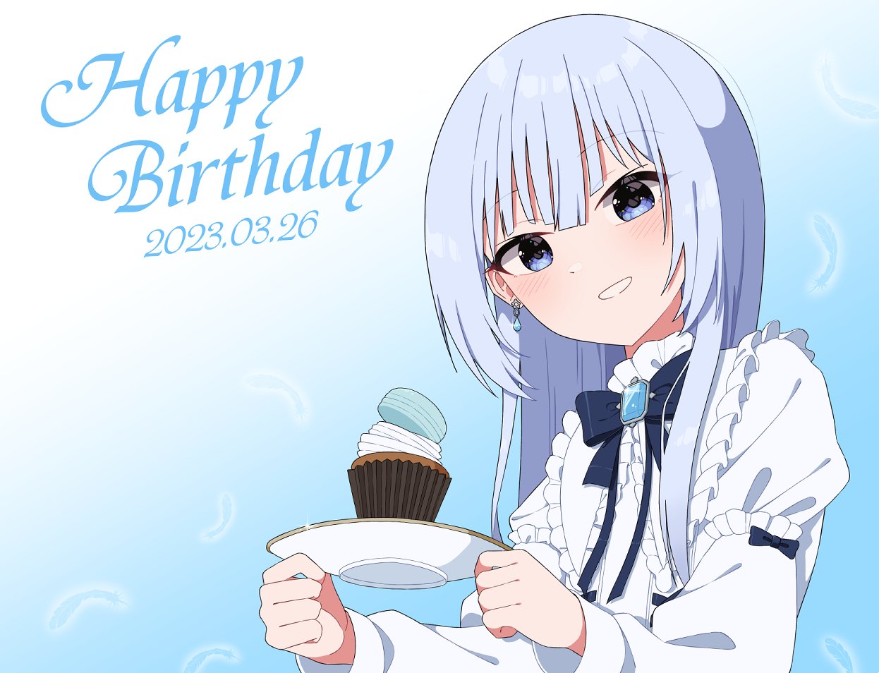 1girl black_bow black_bowtie blue_background blue_eyes blue_gemstone blue_hair blunt_ends blush bow bowtie brooch commentary_request cupcake dated dress dress_bow earrings falling_feathers food frilled_dress frills gem german_shiroishi gradient_background happy_birthday holding holding_plate jewelry light_blue_hair long_hair long_sleeves looking_at_viewer macaron parted_lips plate shiratori_rena sidelocks smile solo straight_hair virtual_youtuber voice-ore white_dress