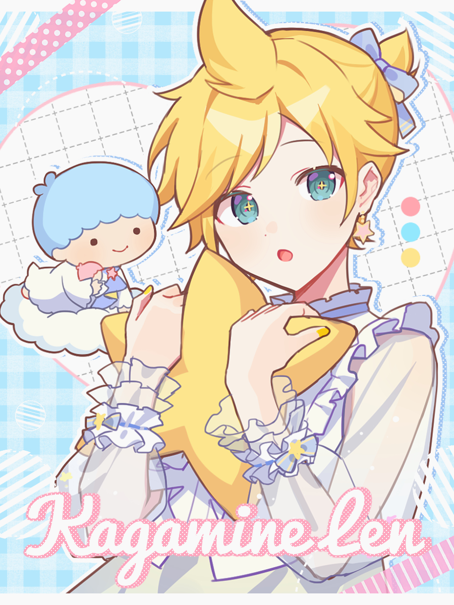 +_+ 2boys :o blonde_hair blue_background blue_bow blue_eyes blue_hair bow character_name checkered_background clouds collar earrings frilled_collar frilled_sleeves frilled_wrist_cuffs frills hair_bow hands_up highres holding holding_pillow jewelry kagamine_len kiki_(little_twin_stars) long_sleeves looking_at_viewer multiple_boys parted_lips pillow project_sekai sanrio see-through see-through_sleeves short_hair star_(symbol) star_earrings upper_body vocaloid waka_(wk4444) wrist_cuffs yellow_nails
