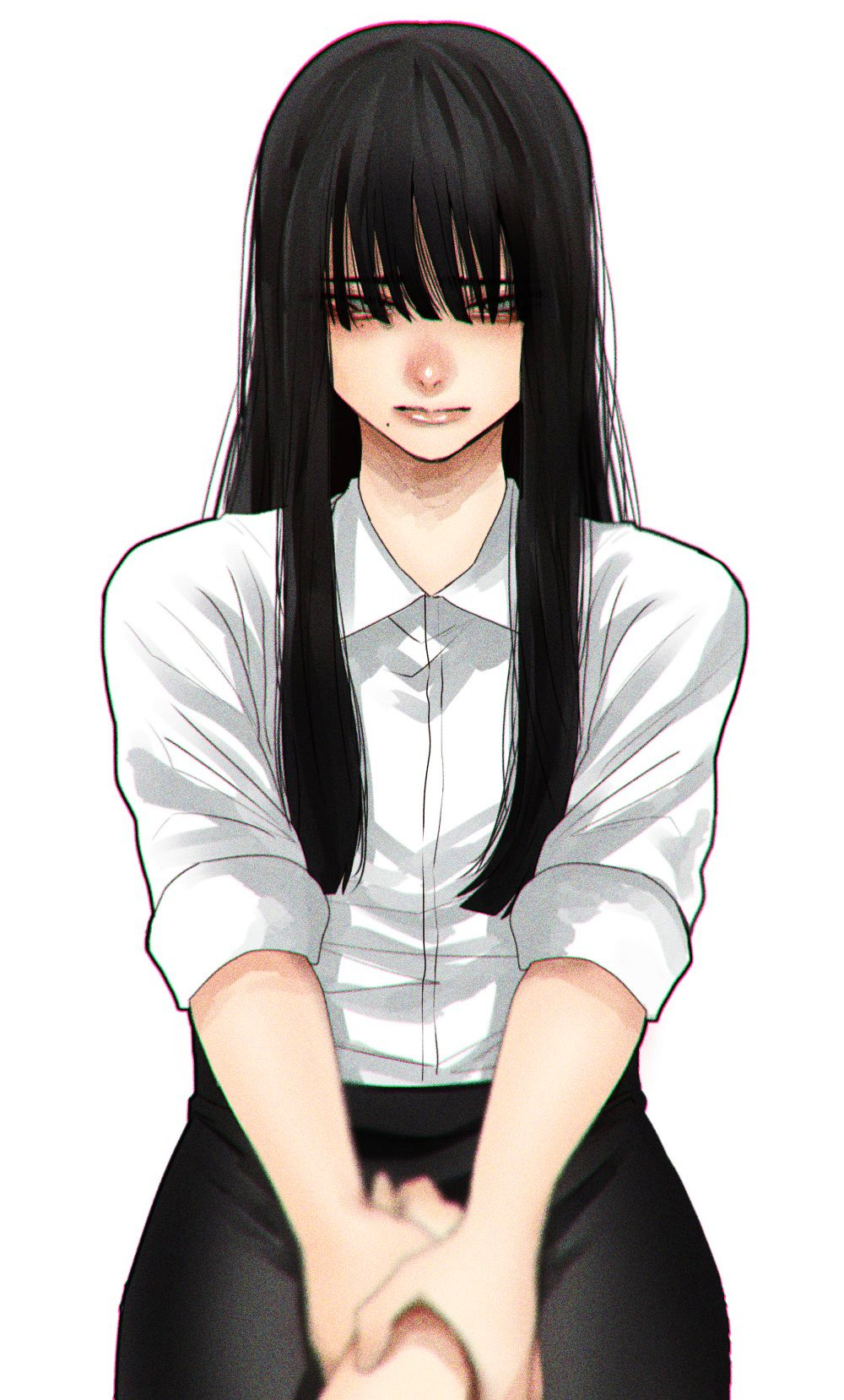 1girl bags_under_eyes black_hair black_skirt closed_mouth collared_shirt film_grain green_eyes hair_over_eyes highres hoshi_san_3 jimiko long_sleeves looking_at_viewer mole mole_under_mouth office_lady original pencil_skirt pov pov_hands shirt simple_background skirt solo_focus white_background white_shirt wing_collar