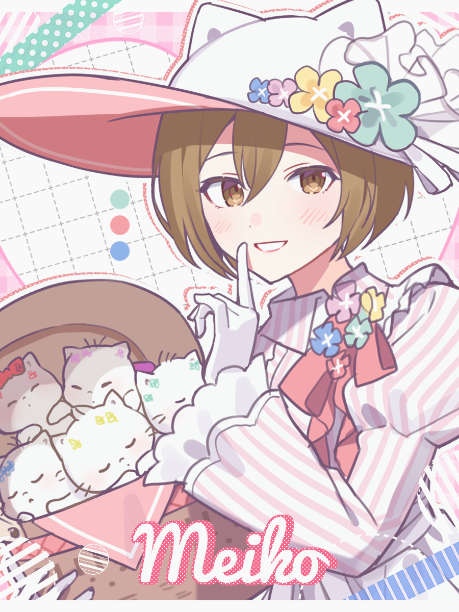 1girl basket brown_eyes brown_hair character_name checkered_background collared_shirt finger_to_mouth frilled_sleeves frills gloves hair_between_eyes hat highres holding holding_basket juliet_sleeves long_sleeves looking_at_viewer meiko_(vocaloid) neck_ribbon nya_(sanrio) nye_(sanrio) nyi_(sanrio) nyon_(sanrio) nyu_(sanrio) pink_background project_sekai puffy_sleeves ribbon sanrio shirt short_hair shushing sleeping smile striped_clothes sun_hat vertical-striped_clothes vocaloid waka_(wk4444) whiskers white_gloves white_headwear