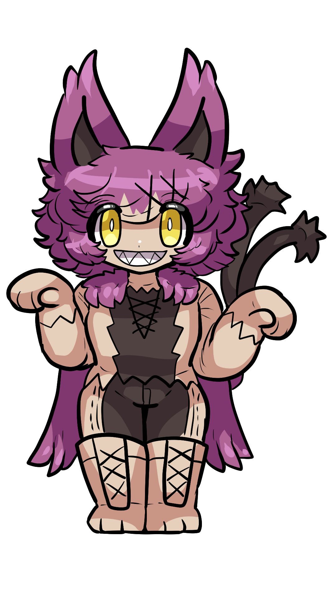 1other animal_ears boots bright_pupils cape cat_ears cat_tail cross-laced_clothes cross-laced_footwear forked_tail grin grintale hair_ornament hands_up highres legs_together long_sleeves multicolored_hair murasakigezi palworld pants paw_pose personification purple_cape purple_hair sharp_teeth short_hair simple_background smile solo standing tail tail_raised teeth two-tone_hair two-tone_pants two-tone_shirt white_background white_pupils x_hair_ornament yellow_eyes