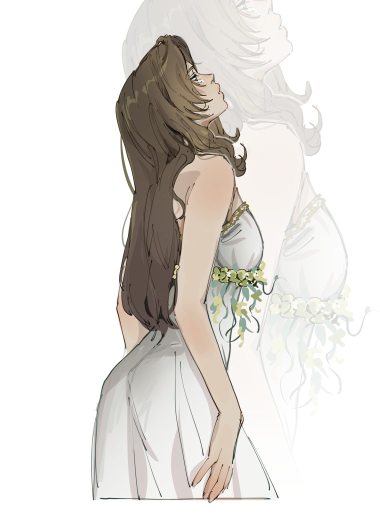 1girl aerith_gainsborough aerith_gainsborough_(white_floral_dress) bare_arms bare_shoulders breasts brown_hair cowboy_shot cropped_legs crying dress dress_flower final_fantasy final_fantasy_vii final_fantasy_vii_rebirth flower gold_trim half-closed_eyes long_hair medium_breasts official_alternate_costume parted_bangs profile pudelmudel ribbon sidelocks solo strapless strapless_dress tears wavy_hair white_background white_dress yellow_flower yellow_ribbon