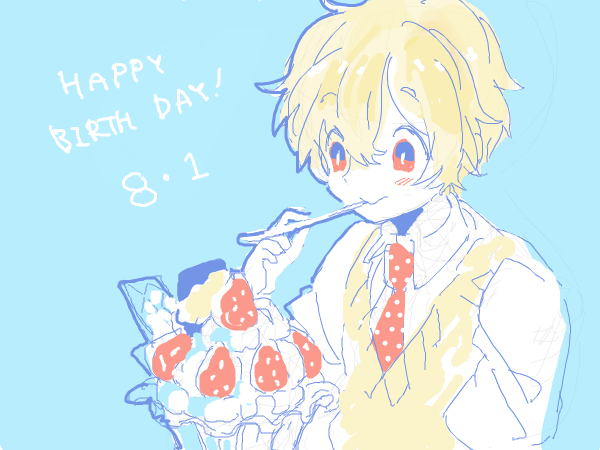 1boy bad_drawr_id bad_id blonde_hair blue_background character_request closed_mouth collared_shirt copyright_request dated food fruit happy_birthday holding holding_spoon light_blush male_focus necktie oekaki panko parfait polka_dot_necktie puffy_sleeves red_eyes red_necktie shirt short_hair simple_background smile solo spoon strawberry sweater_vest utensil_in_mouth whipped_cream white_shirt yellow_sweater_vest