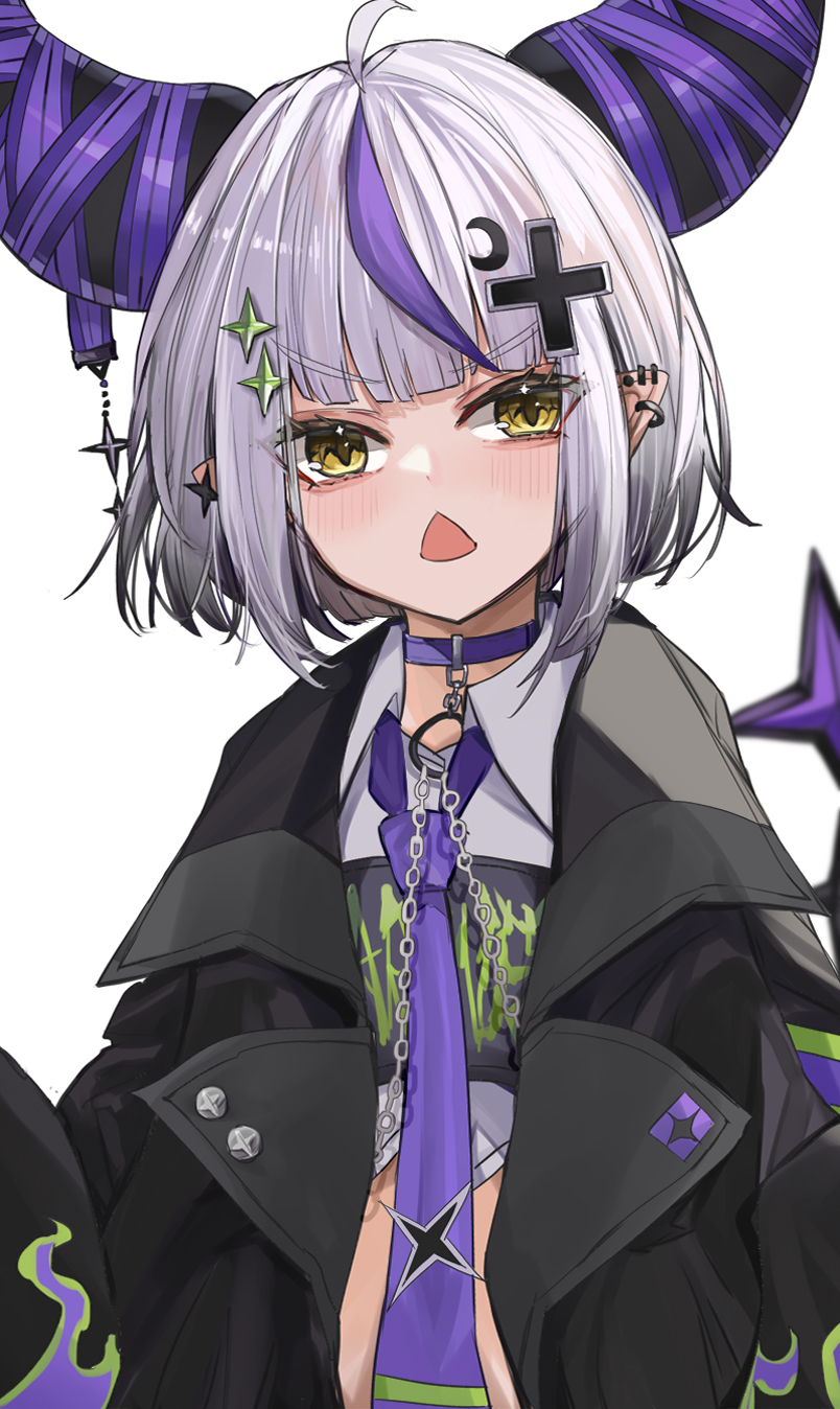 1girl ahoge appleseed_(appleseed_art) black_jacket blush choker clothes_writing cropped_shirt demon_horns ear_piercing grey_hair highres hololive horns jacket la+_darknesss la+_darknesss_(3rd_costume) multicolored_hair necktie official_alternate_costume open_mouth piercing purple_choker purple_hair purple_necktie shirt short_hair sleeves_past_fingers sleeves_past_wrists solo streaked_hair triangle_mouth virtual_youtuber white_shirt yellow_eyes