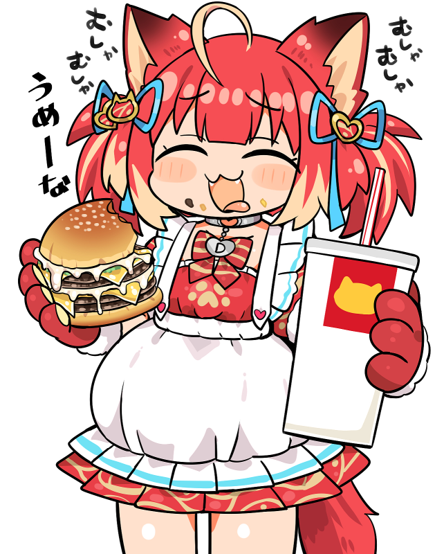 1girl :3 akami_karubi animal_hands apron blonde_hair bow burger cat_girl closed_eyes collar colored_tips commentary_request cowboy_shot dress drink fangs food food_bite furrowed_brow gloves happy holding holding_drink holding_food indie_virtual_youtuber kanikama multicolored_hair open_mouth papa's_gameria paw_gloves pleated_dress raised_eyebrows red_bow red_dress redhead short_dress short_twintails smile solo striped_bow tail tongue tongue_out twintails virtual_youtuber white_apron