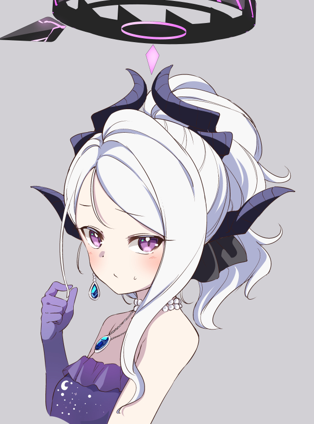 1girl black_horns blue_archive blush breasts closed_mouth dangle_earrings demon_horns dress earrings elbow_gloves gloves grey_background halo hina_(blue_archive) hina_(dress)_(blue_archive) horns jewelry long_hair looking_at_viewer moja_(moja4192) multiple_horns necklace official_alternate_costume pendant purple_dress purple_gloves simple_background small_breasts solo strapless strapless_dress violet_eyes white_hair