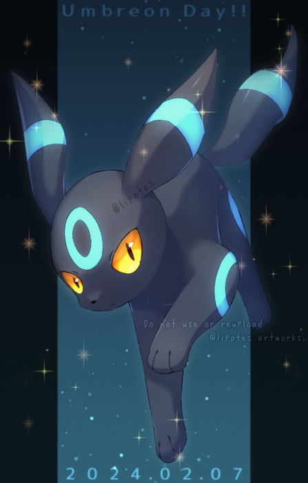 alopias alternate_color animal_focus character_name dated full_body looking_at_viewer mixed-language_commentary no_humans pokemon pokemon_(creature) shiny_pokemon solo sparkle umbreon watermark yellow_eyes