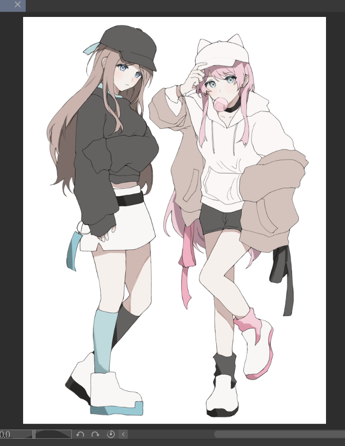 2girls adjusting_clothes adjusting_headwear art_program_in_frame baggy_socks bang_dream! bang_dream!_it's_mygo!!!!! baseball_cap black_choker black_headwear black_hoodie black_shorts black_socks black_sweater blue_eyes blue_socks brown_hair brown_jacket chewing_gum chihaya_anon chinese_commentary choker closed_mouth collarbone commentary_request grabbing_own_arm grey_eyes hand_in_pocket hat hood hood_down hoodie jacket long_hair long_sleeves looking_at_viewer midriff_peek miniskirt mismatched_socks multiple_girls nagasaki_soyo off_shoulder open_clothes open_jacket pann_(1202zzzx00) pink_hair pink_socks shorts sidelocks simple_background skirt sleeves_past_fingers sleeves_past_wrists socks standing standing_on_one_leg sweater white_background white_headwear white_skirt