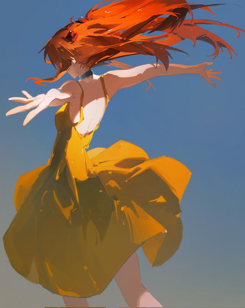 1girl black_choker blue_background brown_hair choker corrupted_twitter_file dress eliza_804 facing_away gradient_background headgear long_hair multicolored_hair neon_genesis_evangelion open_hands orange_hair outstretched_arms sidelocks solo souryuu_asuka_langley two-tone_hair walking yellow_dress