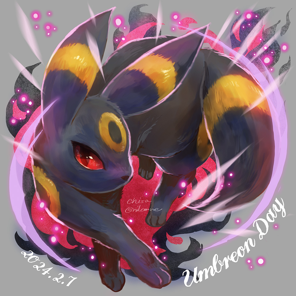 animal_focus black_fur character_name commentary_request dated full_body grey_background looking_at_viewer momomo12 no_humans pokemon pokemon_(creature) red_eyes solo umbreon