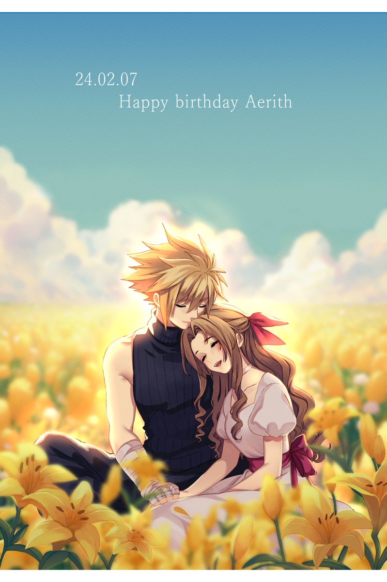 1boy 1girl aerith_gainsborough alternate_costume alternate_hairstyle back_bow bandaged_arm bandages bare_shoulders blonde_hair blue_pants blue_shirt blurry blurry_background border bow breasts brown_hair character_name choker closed_eyes closed_mouth cloud_strife clouds cloudy_sky couple dated dress field final_fantasy final_fantasy_vii final_fantasy_vii_rebirth flower flower_field hair_between_eyes hair_ribbon half_updo happy_birthday hetero highres holding_hands indian_style leaning_on_person letterboxed light_blush lily_(flower) long_dress long_hair medium_breasts mochee_bi nature open_mouth outdoors pants parted_bangs pink_ribbon ponytail puffy_short_sleeves puffy_sleeves ribbon shirt short_hair short_sleeves sidelocks sitting sky sleeveless sleeveless_turtleneck smile spiky_hair turtleneck wavy_hair white_border white_choker white_dress yellow_flower