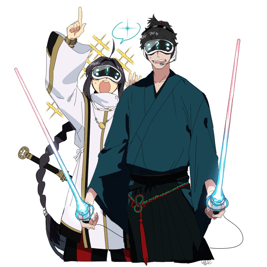 ! 1boy 1other ? ahoge androgynous black_hakama black_pants blue_kimono bracelet braid braided_ponytail energy_sword excited fate/grand_order fate/samurai_remnant fate_(series) hair_intakes hakama hand_on_another's_shoulder head-mounted_display japanese_clothes jewelry kimono long_hair miyamoto_iori_(fate) multicolored_pants necklace pants pirohi_(pirohi214) pointing red_pants sidelocks simple_background single_braid sparkle sweat sword sword_on_back tomoe_gozen_(fate) tomoe_gozen_(swimsuit_saber)_(fate) topknot virtual_reality weapon weapon_on_back yamato_takeru_(fate)