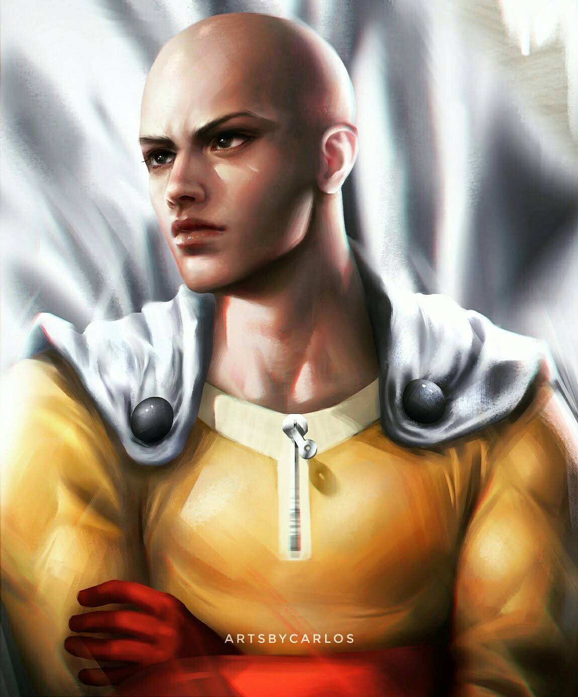 1boy artist_name artsbycarlos bald black_eyes bodysuit cape closed_mouth commentary crossed_arms english_commentary gloves highres male_focus one-punch_man realistic red_gloves saitama_(one-punch_man) solo superhero white_cape yellow_bodysuit