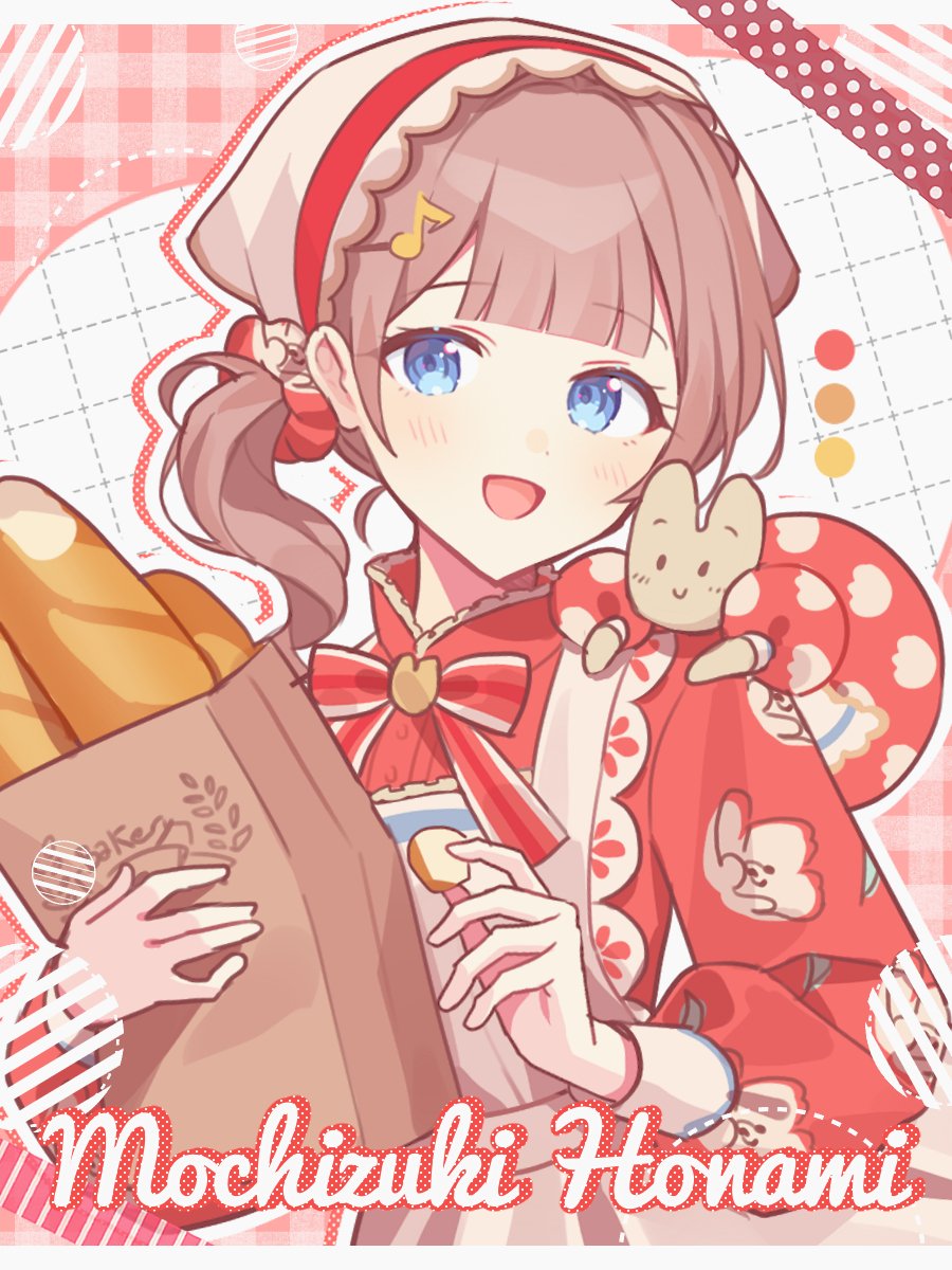 1girl :d apron bag baguette blue_eyes bow bread brown_hair character_name checkered_background dress dress_bow floral_print food frilled_apron frills hair_ornament highres holding holding_bag holding_food light_blush marroncream medium_hair mochizuki_honami musical_note musical_note_hair_ornament on_shoulder paper_bag project_sekai red_background red_bow red_dress sanrio scrunchie side_ponytail sleeves_past_elbows smile upper_body waka_(wk4444) white_apron