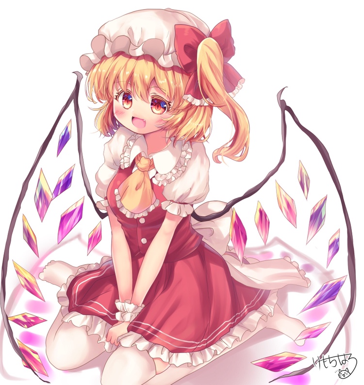 1girl ascot back_bow blonde_hair blush bow breasts buttons collared_shirt crystal fang flandre_scarlet frilled_ascot frilled_bow frilled_shirt_collar frilled_skirt frilled_sleeves frills full_body hat hat_bow kemo_chiharu large_bow medium_hair multicolored_wings no_shoes one_side_up open_mouth puffy_short_sleeves puffy_sleeves red_bow red_eyes shirt short_sleeves signature simple_background sitting skirt sleeve_ribbon small_breasts solo thigh-highs touhou v_arms wariza white_background white_bow white_headwear white_shirt white_thighhighs wings wrist_cuffs yellow_ascot