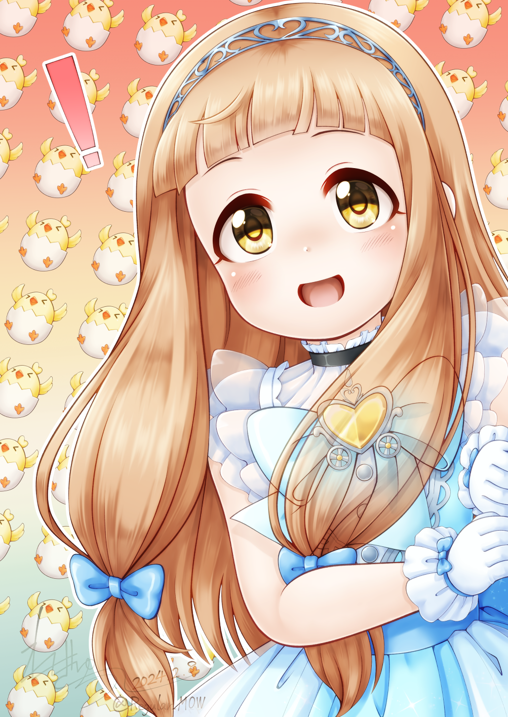! 1girl :d animal_background blue_background blue_bow blue_dress blush bow commentary_request dated dress gloves gradient_background hair_bow heart highres ichihara_nina idolmaster idolmaster_cinderella_girls idolmaster_cinderella_girls_starlight_stage light_brown_hair long_hair looking_at_viewer outline red_background regular_mow signature sleeveless sleeveless_dress smile solo twitter_username very_long_hair watermark white_gloves white_outline x-ray yellow_eyes