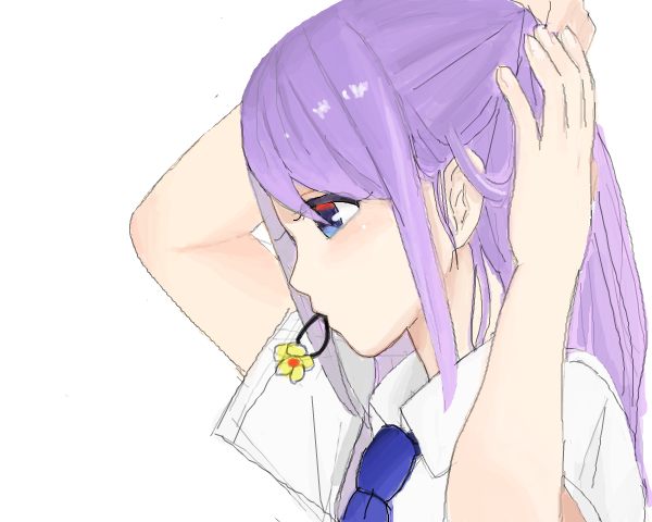 1girl arms_up ascot bad_drawr_id bad_id blue_ascot blue_eyes character_request collared_shirt copyright_request long_hair mouth_hold oekaki profile purple_hair shirt short_sleeves sidelocks simple_background solo tamako_(ramil) tying_hair white_background white_shirt