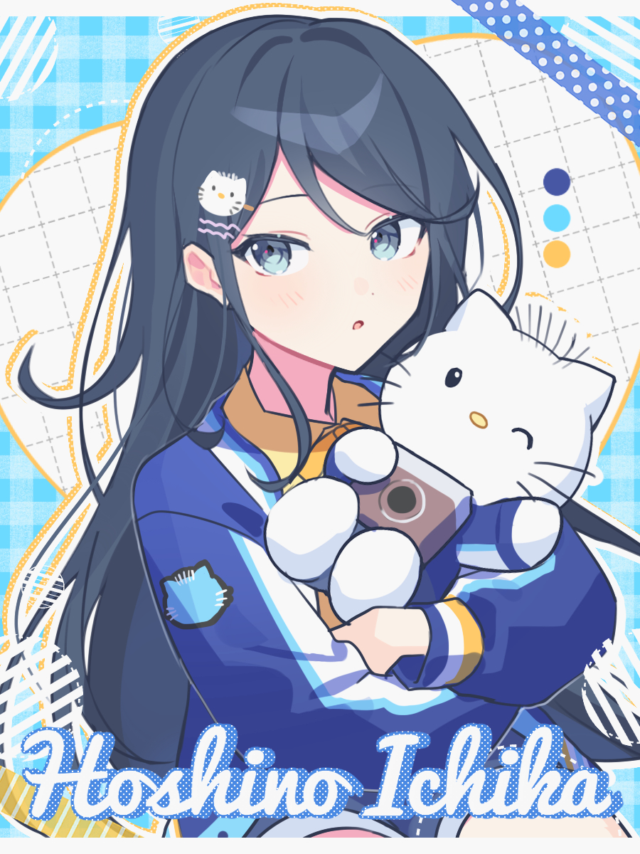 1girl :o animal_ears black_hair blue_background blue_eyes blue_jacket camera character_name checkered_background collared_shirt crossed_arms dear_daniel hair_ornament hairpin highres holding hoshino_ichika_(project_sekai) jacket letterman_jacket light_blush long_hair looking_at_viewer multiple_hairpins one_eye_closed parted_lips project_sekai sanrio shirt swept_bangs upper_body waka_(wk4444) whiskers yellow_shirt