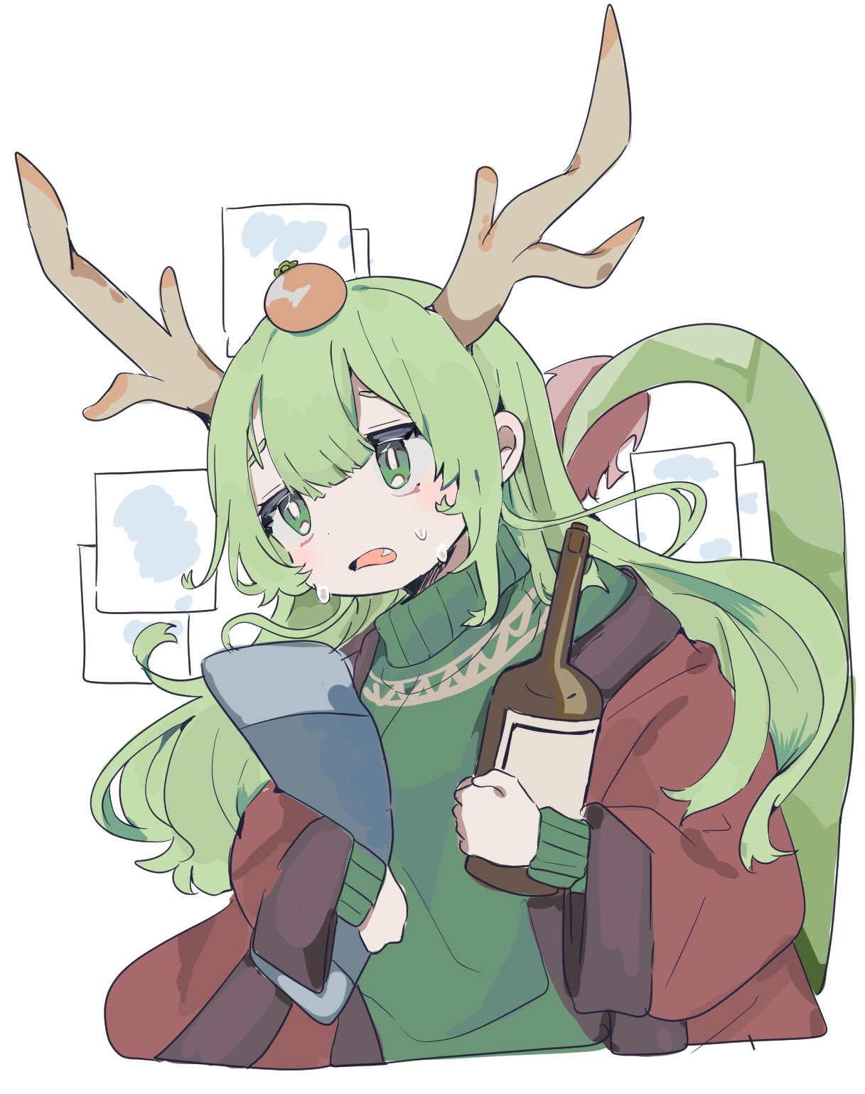 1girl antlers bottle bright_pupils cropped_torso fang food food_on_head fruit_on_head green_eyes green_hair green_sweater highres holding holding_bottle horns jacket long_hair n_omi object_on_head open_mouth original paper red_jacket sidelocks solo sweatdrop sweater tomato turtleneck turtleneck_sweater upper_body white_background white_pupils