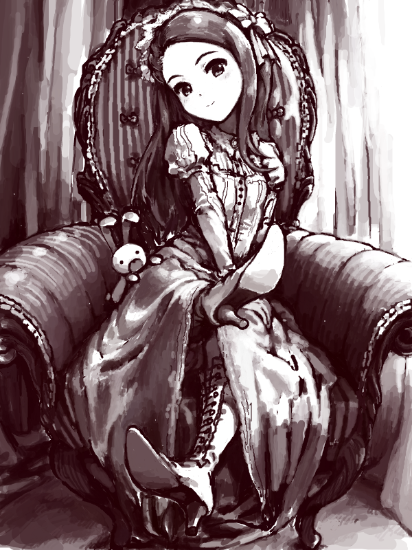 1girl armchair bad_drawr_id bad_id boots breasts buttons chair closed_mouth collared_dress curtains dress frills greyscale head_tilt high_heel_boots high_heels idolmaster idolmaster_(classic) juliet_sleeves long_hair long_sleeves looking_at_viewer minase_iori monochrome oekaki painterly puffy_sleeves ros08154 sitting small_breasts smile solo stuffed_animal stuffed_rabbit stuffed_toy