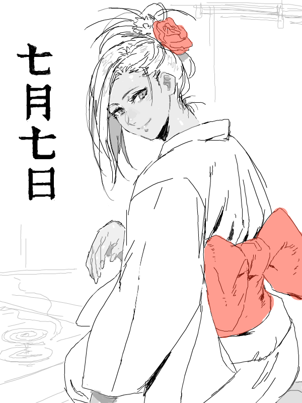 1girl artist_request bad_drawr_id bad_id bow character_request copyright_request flower hair_bun hair_flower hair_ornament japanese_clothes kimono looking_at_viewer looking_back medium_hair monochrome oekaki red_bow red_flower red_rose rose sitting sketch smile solo spot_color