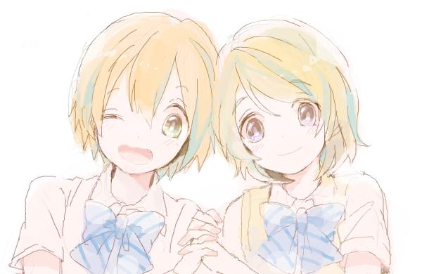 2girls bad_drawr_id bad_id blonde_hair blue_bow blue_bowtie bow bowtie closed_mouth collared_shirt head_tilt holding_hands hoshizora_rin koizumi_hanayo looking_at_viewer love_live! love_live!_school_idol_project multicolored_hair multiple_girls oekaki one_eye_closed open_mouth otonokizaka_school_uniform panko school_uniform shirt short_hair short_sleeves simple_background smile streaked_hair striped_bow striped_bowtie striped_clothes upper_body vest white_background white_shirt yellow_vest