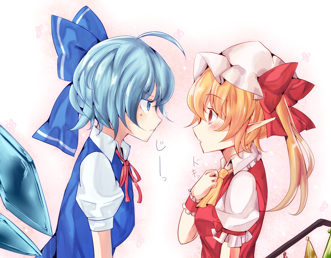 2girls ascot blue_bow blue_dress blue_eyes blue_hair blush bow breasts cirno closed_mouth collared_shirt crystal detached_wings dress eye_contact flandre_scarlet frilled_shirt_collar frills from_side hair_bow hand_on_own_cheek hand_on_own_face hat jyaoh0731 long_pointy_ears looking_at_another mob_cap multicolored_wings multiple_girls neck_ribbon open_mouth pinafore_dress pink_background pointy_ears puffy_short_sleeves puffy_sleeves red_eyes red_ribbon red_vest ribbon shirt short_sleeves sleeve_ribbon sleeveless sleeveless_dress small_breasts touhou upper_body vest white_headwear white_shirt wings wrist_cuffs yellow_ascot