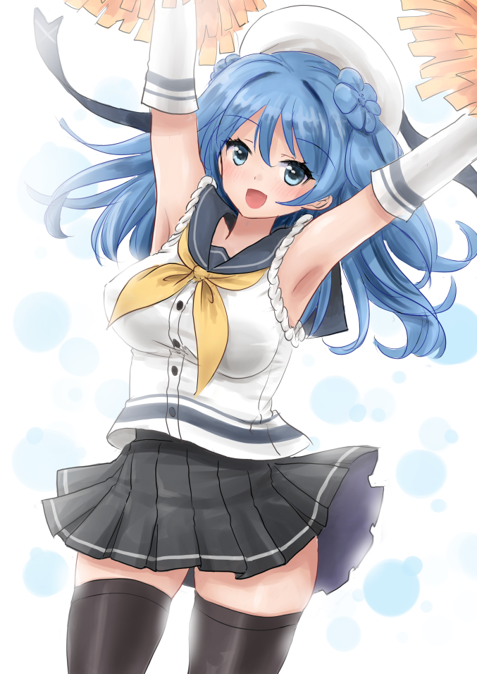 1girl arms_up beret black_thighhighs blue_background blue_eyes blue_hair blush breasts double_bun elbow_gloves gloves hair_bun hat kantai_collection kitagawa_mikio large_breasts long_hair looking_at_viewer neckerchief open_mouth pleated_skirt pom_pom_(cheerleading) sailor_hat school_uniform serafuku skirt sleeves_past_elbows sleeves_rolled_up smile solo thigh-highs urakaze_(kancolle) white_background white_gloves white_headwear yellow_neckerchief