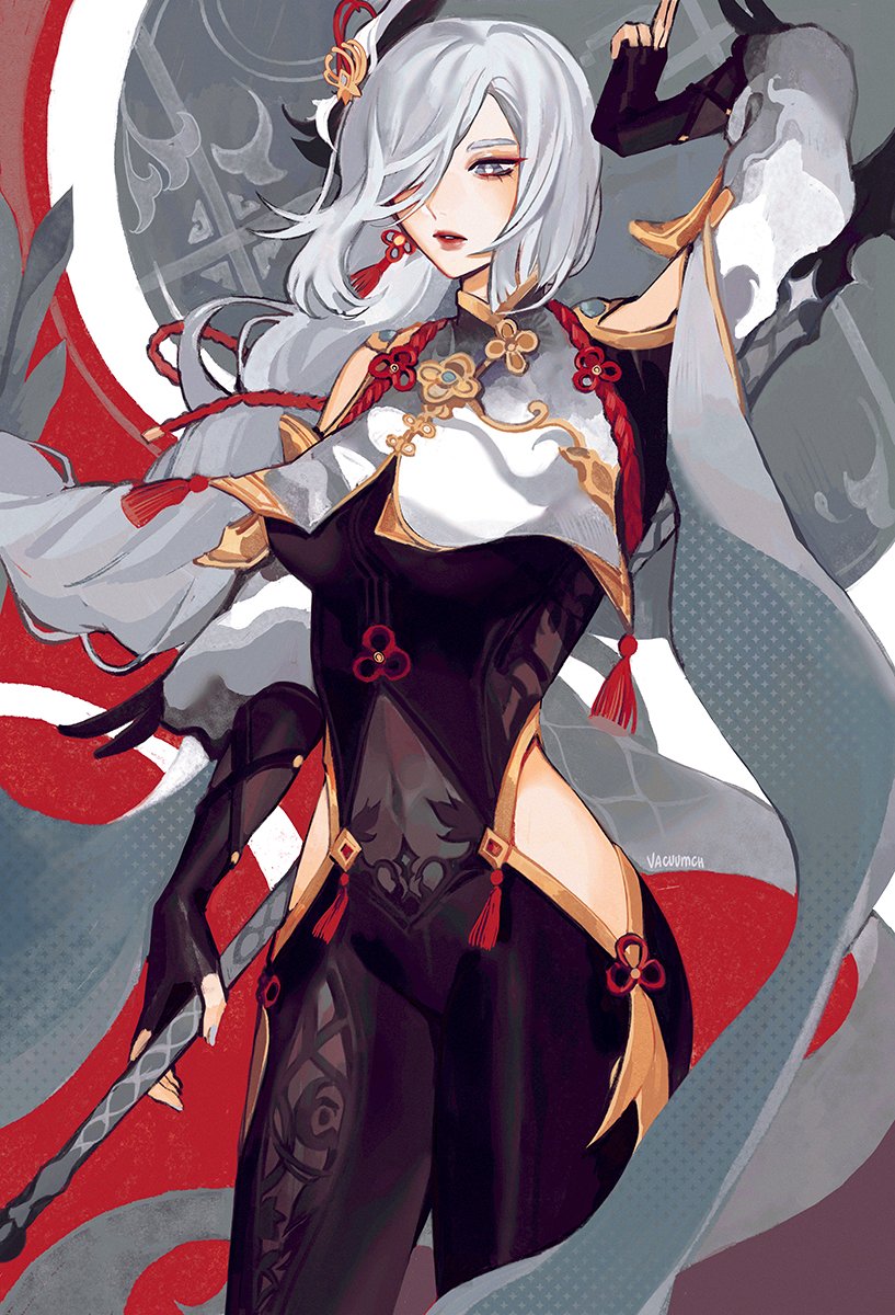 1girl black_bodysuit black_gloves bodysuit breast_curtain breasts chinese_clothes clothing_cutout covered_navel cowboy_shot earrings fingerless_gloves flower_knot frown genshin_impact gloves gold_trim grey_hair hair_over_one_eye highres hip_vent holding holding_polearm holding_weapon jewelry large_breasts long_braid long_hair parted_lips polearm shenhe_(genshin_impact) shoulder_cutout sidelocks solo tassel tassel_earrings vacuumchan very_long_hair weapon