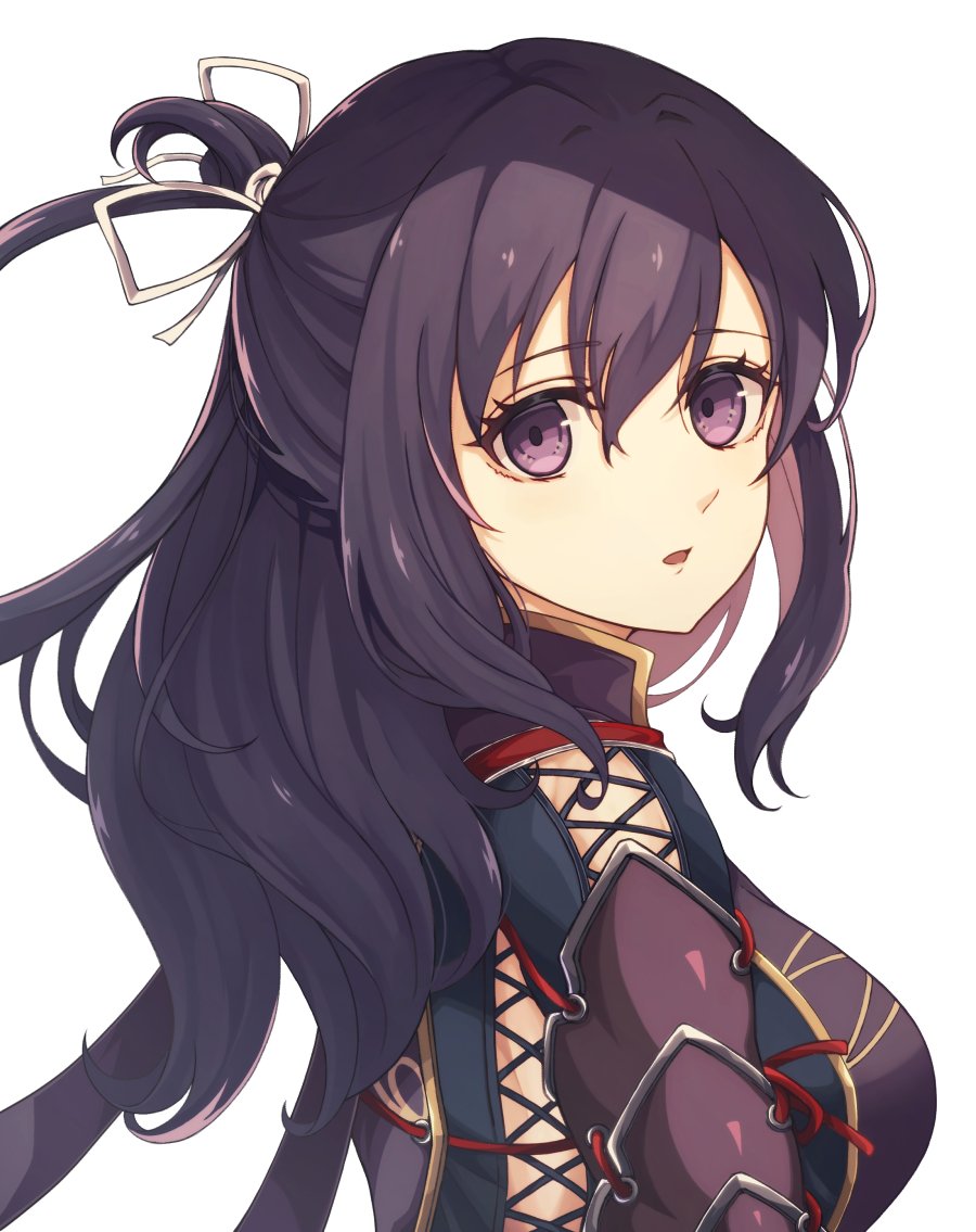 1girl ao_no_kiseki black_hair bow-shaped_hair breasts double-parted_bangs eiyuu_densetsu falcom from_side hair_between_eyes large_breasts long_hair looking_at_viewer open_mouth portrait rixia_mao simple_background solo upper_body violet_eyes white_background yukiko_(leovioykk) zero_no_kiseki