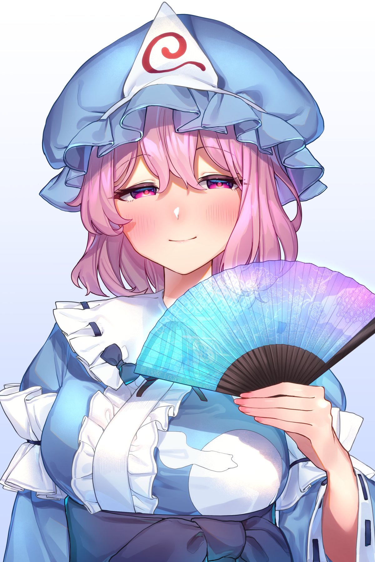 1girl blue_background blue_headwear blush breasts closed_mouth commentary_request gradient_background hand_fan hat highres holding holding_fan long_sleeves looking_at_viewer mob_cap pink_eyes pink_hair ribbon-trimmed_sleeves ribbon_trim saigyouji_yuyuko short_hair smile solo touhou triangular_headpiece upper_body wankosoba_(wanwan_soba)