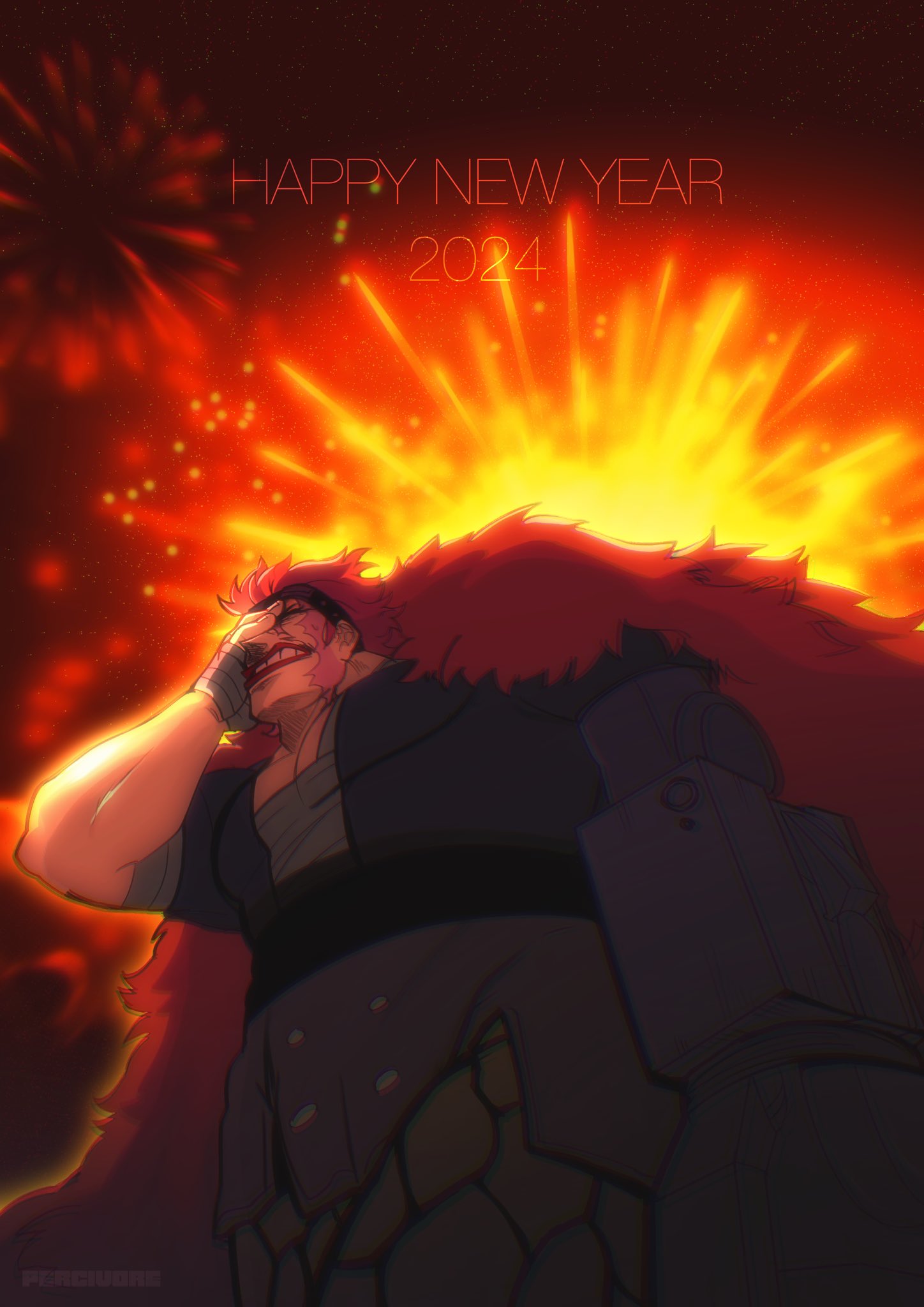 1boy 2024 aerial_fireworks coat eustass_kid facepalm feet_out_of_frame fireworks from_below frown goggles goggles_on_head happy_new_year highres male_focus muscular muscular_male one_piece percivore red_theme redhead short_hair solo standing