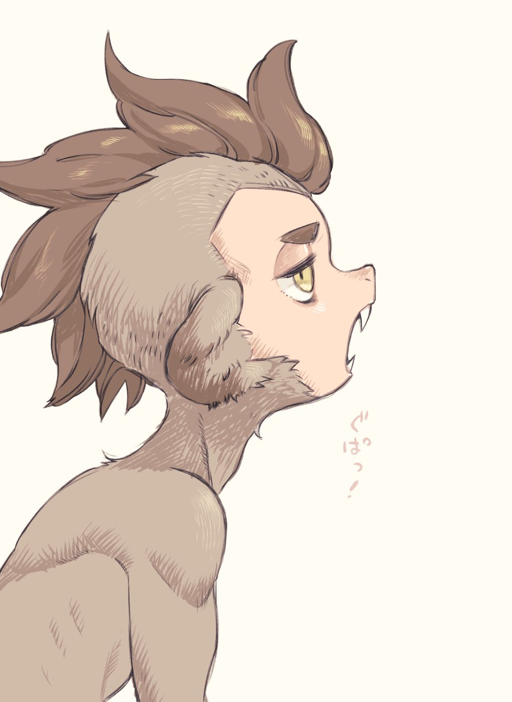 1boy animal_ears body_fur brown_fur brown_hair fangs highres hitsuka_no_tsuki_miko looking_at_viewer male_focus mohawk monkey_boy monkey_ears monster_boy open_mouth original short_hair simple_background solo upper_body very_short_hair yellow_background yellow_eyes