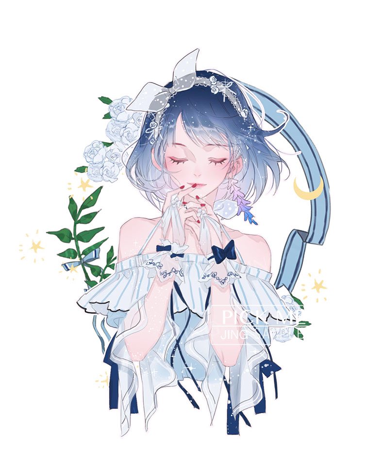 1girl artist_name ashuijing blue_bow blue_hair blue_ribbon blunt_bangs blush bow closed_eyes closed_mouth commentary crescent cropped_torso dress earrings english_commentary eyelashes eyeshadow flower flower_earrings frilled_shirt frills hair_bow hairband hand_to_own_mouth jewelry lace-trimmed_hairband lace_trim leaf light_smile long_sleeves makeup nail_polish off-shoulder_dress off_shoulder original own_hands_together pink_eyeshadow pink_lips purple_flower red_nails ribbon rose sample_watermark see-through_bow shirt short_hair simple_background single_earring sleeves_past_elbows solo star_(symbol) striped_clothes striped_shirt vertical-striped_clothes vertical-striped_shirt watermark white_background white_bow white_flower white_hairband white_rose white_shirt white_wrist_cuffs wide_sleeves wisteria wrist_cuffs
