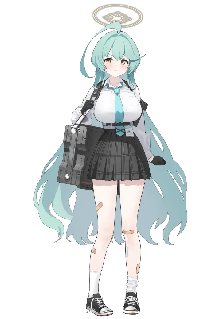 1girl ahoge blue_archive blue_hair blush breasts briefcase closed_mouth collarbone full_body gloves hair_between_eyes hair_ornament halo large_breasts long_hair necktie official_art school_uniform shoes solo standing transparent_background yellow_eyes yume_(blue_archive)