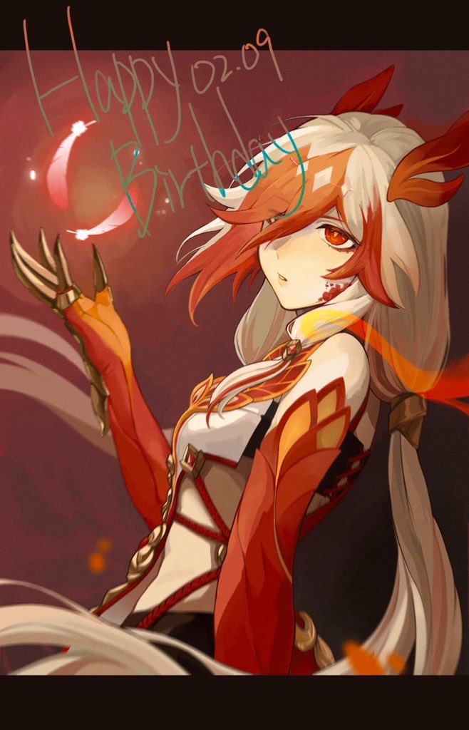1girl animal_hands bare_shoulders black_shorts black_sports_bra chinese_clothes claws detached_sleeves elbow_gloves eyeliner feathers fire fu_hua fu_hua_(fenghuang_of_vicissitude) gloves hair_between_eyes happy_birthday honkai_(series) honkai_impact_3rd long_hair looking_at_object low-tied_long_hair low_twintails makeup michuan_ximo multicolored_hair red_background red_eyeliner red_eyes red_feathers red_gloves red_rope red_scales redhead rope short_shorts shorts solo sports_bra sportswear streaked_hair symbol-shaped_pupils twintails two-tone_hair white_hair yellow_pupils