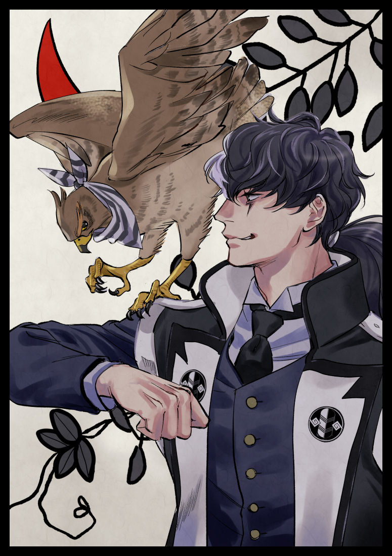 1boy ace_attorney beak bird black_border black_coat black_hair black_necktie blue_suit border brown_feathers buttons coat commentary_request feathered_wings feathers hawk low_ponytail male_focus medium_hair necktie nekowosuu shirt simon_blackquill simple_background smile suit taka_(ace_attorney) talons wavy_hair white_background white_shirt wings