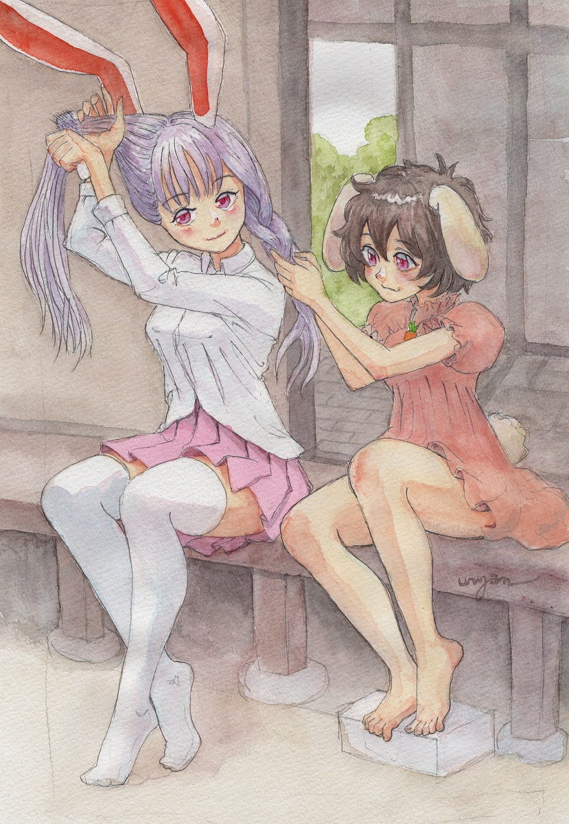 2girls :3 animal_ears barefoot braid braiding_hair breasts brown_hair closed_mouth collared_shirt commentary_request dress floppy_ears frilled_sleeves frills full_body hairdressing highres inaba_tewi long_hair long_sleeves medium_bangs medium_breasts multiple_girls no_shoes painting_(medium) pink_dress pink_eyes pleated_skirt porch puffy_short_sleeves puffy_sleeves rabbit_ears rabbit_girl reisen_udongein_inaba shirt short_dress short_hair short_sleeves shouji signature sitting skirt sliding_doors smile thigh-highs touhou traditional_media uryan! watercolor_(medium) white_shirt white_thighhighs zettai_ryouiki