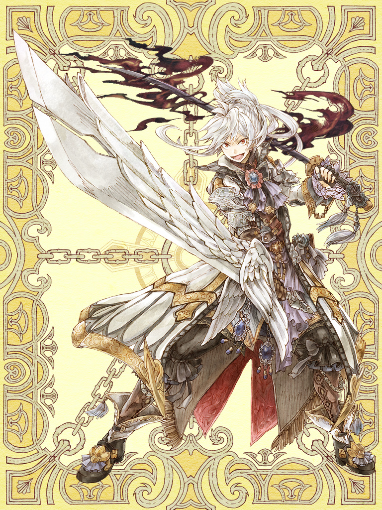 1boy :d black_bow black_gloves bow brown_gloves dual_wielding fingerless_gloves frills full_body gloves hassaku holding holding_sword holding_weapon kerberos_blade long_sleeves lore_steetsleve male_focus red_eyes smile solo stamdomg sword weapon white_hair yellow_background