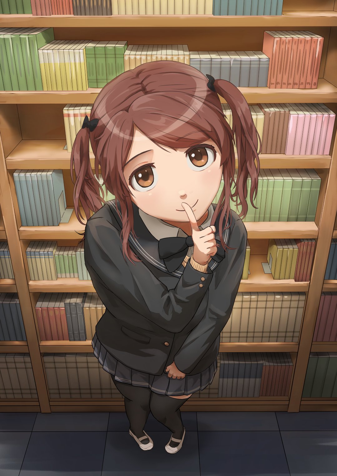 1girl amagami black_bow black_bowtie black_jacket black_sailor_collar black_thighhighs book bookend bookshelf bow bowtie brown_eyes brown_hair brown_sweater checkered_floor closed_mouth collared_shirt commentary dress_shirt finger_to_mouth foreshortening from_above full_body grey_skirt hair_bow head_tilt highres index_finger_raised indoors jacket kibito_high_school_uniform library long_sleeves looking_at_viewer looking_up medium_hair mikawa_mikan nakata_sae pantyhose perspective pleated_skirt sailor_collar school_uniform shadow shirt shoes shushing skirt smile solo standing sweater swept_bangs thigh-highs tile_floor tiles twintails upturned_eyes uwabaki white_shirt