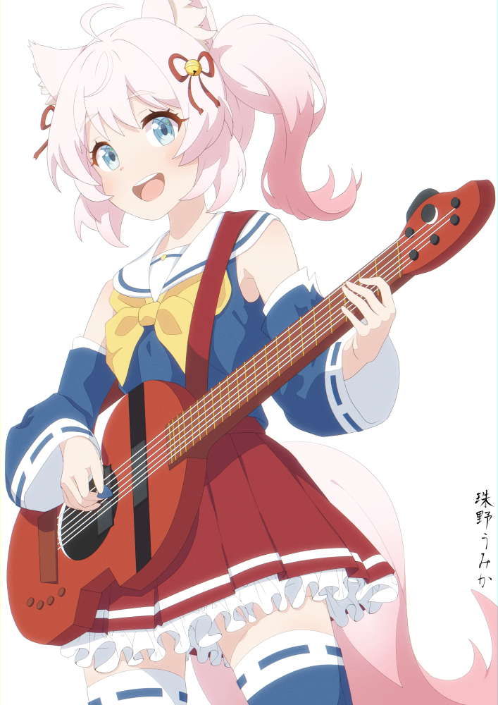 1girl :d ahoge animal_ear_fluff animal_ears bell blue_eyes blue_shirt blue_sleeves blue_thighhighs bow commentary_request commission detached_sleeves frilled_skirt frills hair_bell hair_ornament hair_ribbon holding holding_instrument howan_(show_by_rock!!) instrument instrument_request jingle_bell long_sleeves pink_hair pleated_skirt red_ribbon red_skirt ribbon ribbon-trimmed_legwear ribbon-trimmed_sleeves ribbon_trim sailor_collar shirt show_by_rock!! side_ponytail simple_background skeb_commission skirt sleeveless sleeveless_shirt smile solo tail tamano_umika thigh-highs white_background white_sailor_collar wide_sleeves yellow_bow