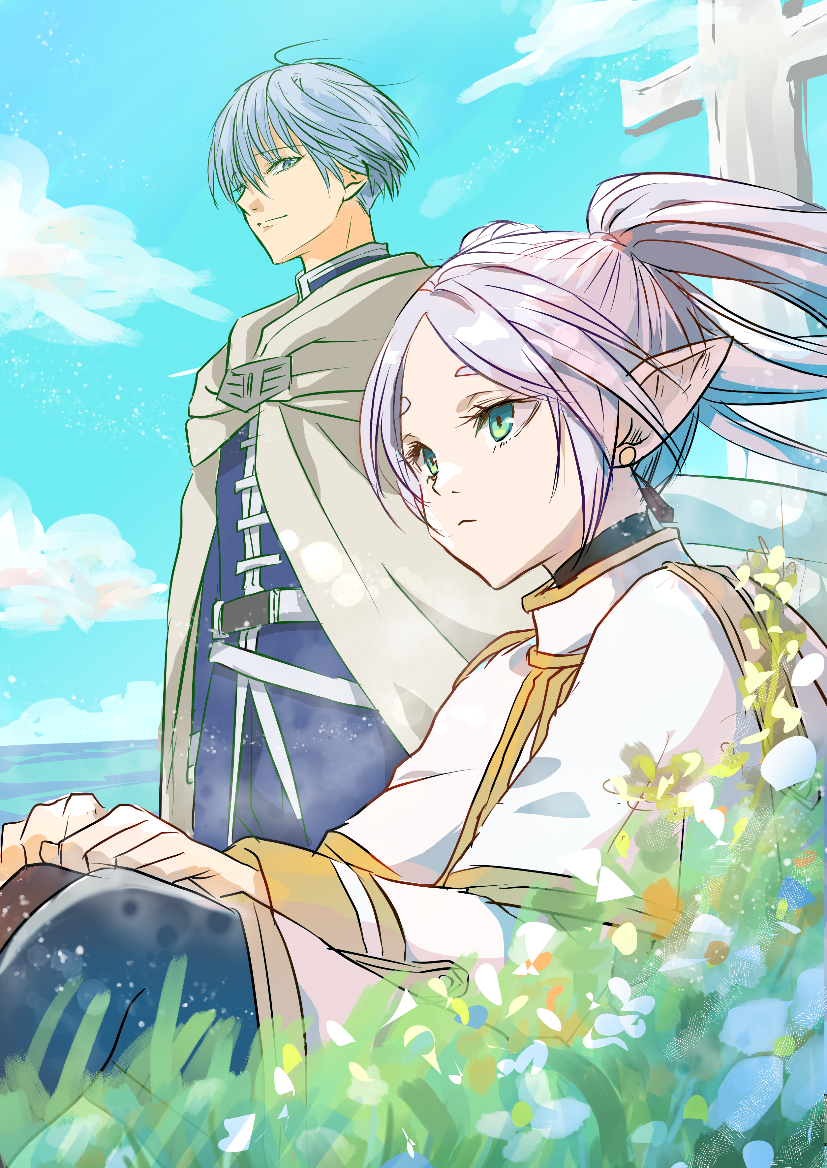 1boy 1girl black_thighhighs blue_eyes blue_hair blue_tunic capelet commentary_request drop_earrings earrings frieren green_eyes grey_cloak grey_hair himmel_(sousou_no_frieren) jewelry long_hair long_sleeves outdoors parted_bangs pointy_ears short_hair sousou_no_frieren thigh-highs twintails user_sezh5558 white_capelet
