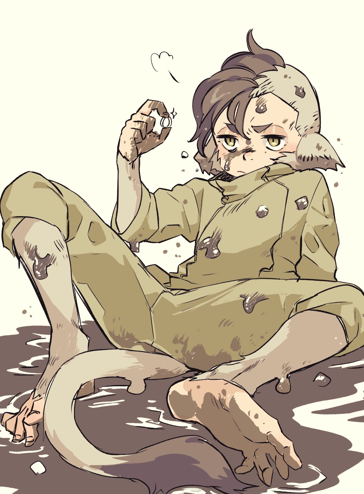 1boy animal_ears barefoot body_fur brown_eyes brown_fur brown_hair brown_jacket brown_pants closed_mouth dirty dirty_clothes dirty_face dirty_feet full_body fur-tipped_tail furrowed_brow half-closed_eyes hand_up high_collar highres hitsuka_no_tsuki_miko holding holding_jewelry holding_ring jacket jewelry long_sleeves looking_at_object male_focus mohawk monkey_boy monkey_ears monkey_tail monster_boy mud original pants puff_of_air ring short_hair simple_background sitting solo sparkle spread_legs tail yellow_background